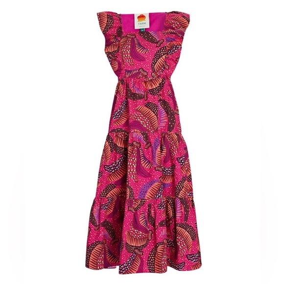 FARM Rio Pink Wild Bananas Ruffle Midi Dress Large NWOT - Picture 6 of 14